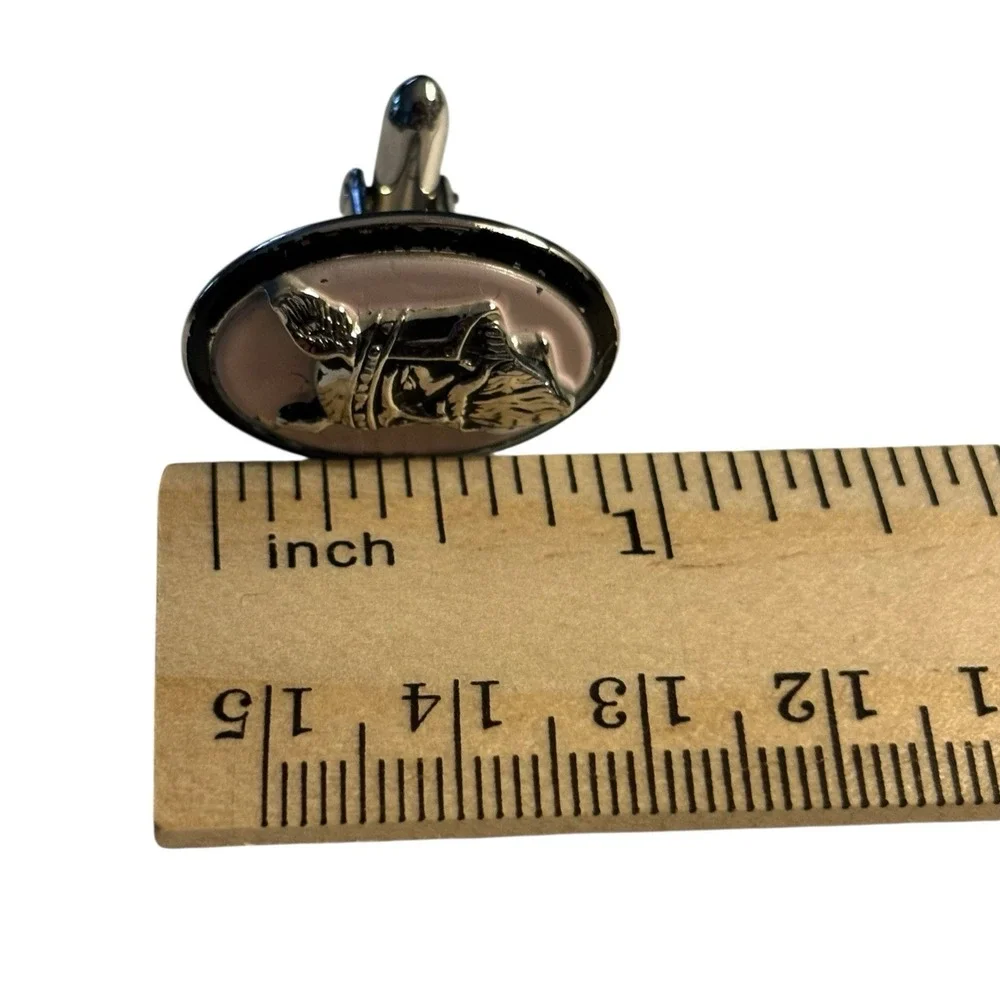 Swank Knight Pink Enamel Cufflinks Oval Silver Tone Soldier Warrior Vintage READ